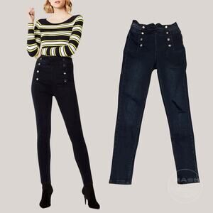 Karen Millen High-Rise Sailor Corset Skinny Jeans | Dark Wash, Button Detail 6